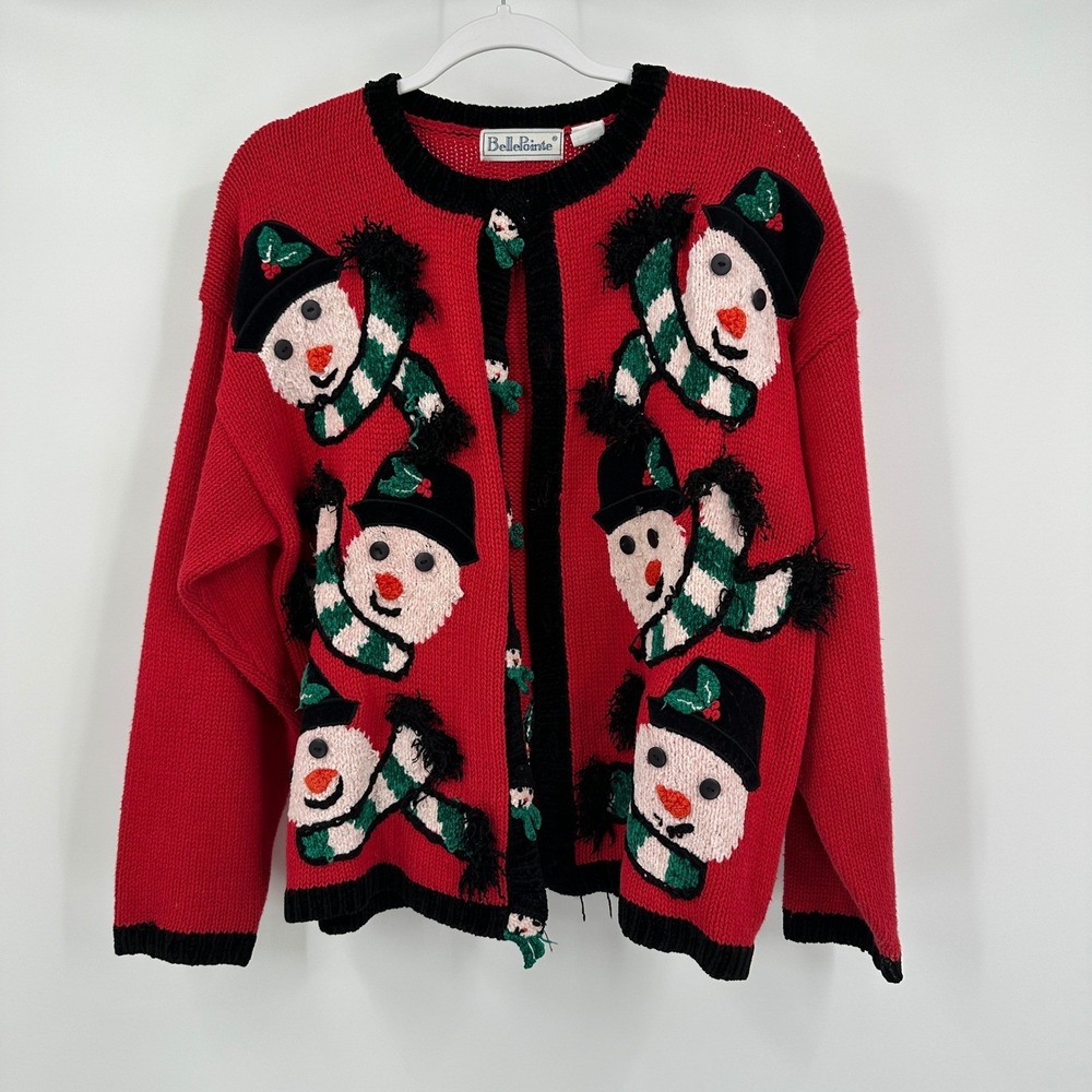 Belle Pointe Womens Vintage Christmas Cardigan Sweater Size L Festive Snowman
